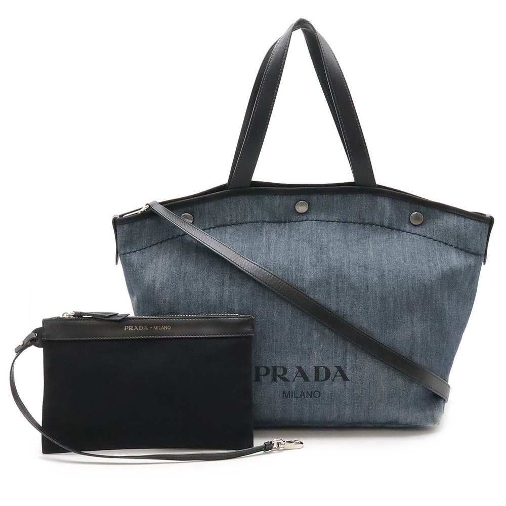 Prada Tote Tessuto Saffiano Bag Crossbody Denim Leather Blue Nero Black Pouch